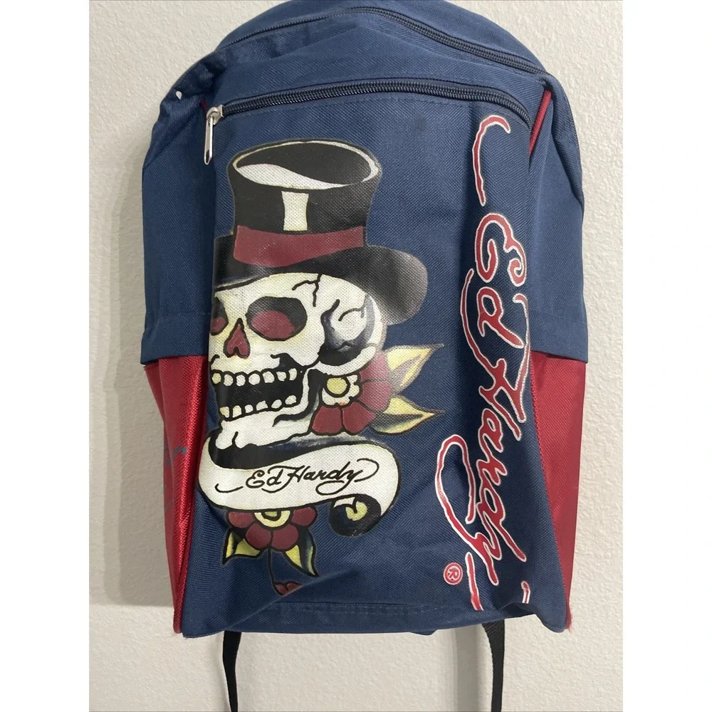 ED HARDY Skull with Top Hat‎ Zip Up Backpack With 4 Pockets Blue & Red